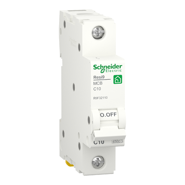 R9F32110 | Miniature circuit breaker (MCB), Resi9, 1P, 10A, C curve, 4500A (IEC/EN 60898-1) Schneider Electric